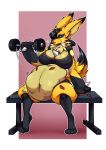  absurd_res anthro anthro_pred athletic athletic_anthro athletic_female athletic_wear barbell big_ears black_hair bloated bottomwear bra chest_spike chest_tuft clothing detailed_navel dumbbell ecchipandaa emanata exercise feathers female female_pred generation_4_pokemon hair hand_spike hi_res holding_weights huge_belly lucario motion_lines navel navel_rim nintendo pokemon pokemon_(species) same_size_vore shorts sitting sitting_on_bench solo spikes spikes_(anatomy) sports_bra struggling_prey thick_arms tuft underwear vore weight_bench weightlifting weights workout yellow_body 