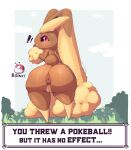  amailemon anthro anus big_anus big_butt big_ears black_sclera blonde_hair blush brown_body brown_fur brown_tail butt butt_focus curvy_figure female fur generation_4_pokemon genitals grass hair hi_res looking_at_viewer looking_back lopunny nintendo on_grass onomatopoeia pink_eyes plant pokeball pokemon pokemon_(species) pussy shrub sky solo sound_effects surprise surprised_expression tail text thick_thighs wide_hips 