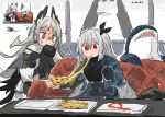  2girls arknights bird_girl blush couch donki_(yeah) eating food gloves grey_eyes grey_hair highres holding holding_food holding_pizza irene_(arknights) long_hair multiple_girls on_couch pizza red_eyes shark_girl signature specter_(arknights) stuffed_animal stuffed_toy table 