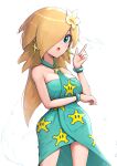  1girl :o absurdres alternate_costume aqua_dress bare_arms bare_shoulders blonde_hair blue_eyes breasts commentary cowboy_shot dress earrings flower gonzarez hair_flower hair_ornament halter_dress halterneck highres index_finger_raised jewelry large_breasts mario_(series) open_mouth rosalina sleeveless sleeveless_dress solo standing star_(symbol) star_print thighs white_flower 