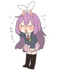  &gt;_&lt; 1girl :d animal_ears arm_behind_head arm_up black_thighhighs blazer blush chibi citrus_(place) closed_eyes closed_jacket dot_nose embarrassed facing_viewer flustered flying_sweatdrops full_body furrowed_brow jacket lavender_skirt legs_together long_hair long_sleeves miniskirt necktie nose_blush open_mouth pleated_skirt purple_hair purple_skirt rabbit_ears red_necktie reisen_udongein_inaba simple_background skirt skirt_tug smile solo standing thighhighs toes_up touhou white_background wing_collar xd zettai_ryouiki 