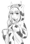  1girl animal_costume animal_print bell brushing_teeth cow_costume cow_print cup foam foaming_at_the_mouth goou_yoshimitsu greyscale holding holding_cup kurofuti looking_at_viewer low_ponytail monochrome mug sidelocks solo tenka_hyakken thick_eyebrows upper_body white_background 