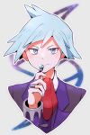  1boy aqua_eyes aqua_hair closed_mouth formal gohan_(horth-waribasi) highres holding_rock jewelry long_sleeves looking_at_viewer male_focus mega_stone necktie pokemon pokemon_(game) pokemon_oras red_necktie ring smile solo steven_stone suit upper_body 