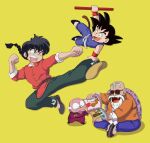  4boys beard black_footwear black_hair crossover dragon_ball dragon_ball_(classic) facial_hair happosai highres multiple_boys muten_roushi natfoe old old_man open_mouth ranma_1/2 saotome_ranma simple_background son_goku spiked_hair sunglasses teeth turtle_shell upper_teeth_only yellow_background 