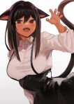  1girl absurdres animal_ears black_hair black_skirt blurry breasts cat_ears cat_girl cat_tail claw_pose collared_shirt cyobiro depth_of_field dress_shirt hair_between_eyes hand_up highres large_breasts long_hair long_sleeves looking_at_viewer open_mouth original red_eyes shirt skirt slit_pupils smile solo suspender_skirt suspenders tail upper_body white_background white_shirt 
