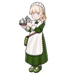  apron bag blonde_hair blue_eyes blunt_bangs coffee_pot cup dress full_body green_dress green_footwear kantai_collection long_hair maid maid_headdress mary_janes official_alternate_costume porusasu shin&#039;you_(kancolle) shoes simple_background teacup tray white_apron white_background 