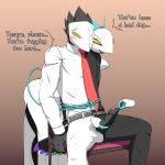  anthro avian belt big_penis blush bottomwear cable_tail chair clothing collared_shirt darkner deltarune dialogue dominant dominant_female duo english_text felid female foreskin foreskin_play foreskin_pull foreskin_torture furniture genitals handjob hi_res machine male male/female mammal muscular muscular_male necktie on_chair pants penile penis petplay robot roleplay sex shirt sitting sitting_on_chair swatch_(deltarune) tail tail_wrapped_around tasque_manager text topwear undertale_(series) vein veiny_penis xevv 