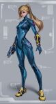  1girl blonde_hair blue_bodysuit blue_eyes bodysuit breasts closed_mouth commentary expressionless full_body grey_background high_ponytail highres holding holding_weapon imdrunkontea lips long_hair metroid mole mole_under_mouth paralyzer ponytail redesign samus_aran simple_background skin_tight small_breasts solo standing turtleneck weapon zero_suit 