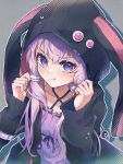  1girl animal_hood black_hoodie blush bracelet dress haru1suama highres hood hoodie jewelry long_sleeves looking_at_viewer low_twintails open_clothes open_hoodie pout purple_eyes purple_hair rabbit_hood ribbed_dress twintails two-tone_hoodie vocaloid voiceroid yuzuki_yukari 