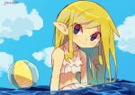  1girl alternate_costume artist_name ball bare_arms bare_shoulders beachball blue_eyes closed_mouth cloud happy highres long_hair looking_at_viewer pointy_ears princess_zelda sky smile solo speech_bubble swimsuit the_legend_of_zelda the_legend_of_zelda:_spirit_tracks the_legend_of_zelda:_the_wind_waker tokuura toon_zelda upper_body very_long_hair water 