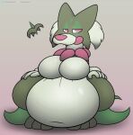  anthro belly big_belly big_breasts breasts fangs female foxball fur generation_9_pokemon green_body half-closed_eyes hanging_belly hi_res inflation licking looking_at_viewer meowscarada narrowed_eyes nintendo nude pokemon pokemon_(species) presenting simple_background smile solo spread_legs spreading teeth tongue tongue_out 