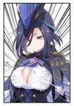 1girl black_corset black_hair blue_cape blue_headwear breasts bursting_breasts cape clorinde_(genshin_impact) closed_mouth corset epaulettes flying_button genshin_impact gloves hat hat_feather highres kabu_usagi large_breasts long_hair popped_button purple_eyes shoulder_cape solo tricorne upper_body vision_(genshin_impact) wardrobe_malfunction white_gloves 