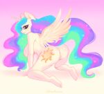  anthro big_breasts breasts butt cherubisous digital_media_(artwork) equid equine female friendship_is_magic genitals hair hasbro hi_res horse looking_at_viewer mammal multicolored_hair my_little_pony nipples nude pony princess_celestia_(mlp) pussy rainbow_hair simple_background smile solo 