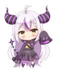  &gt;:( ahoge black_coat braid braided_bangs chibi coat demon_girl demon_horns double-parted_bangs fang fang_out frown full_body grey_hair highres hololive horns kiyo_(yamazoe1122) la+_darknesss la+_darknesss_(1st_costume) long_hair multicolored_hair pointy_ears purple_hair simple_background sleeves_past_fingers sleeves_past_wrists slit_pupils streaked_hair tail v-shaped_eyebrows very_long_hair virtual_youtuber white_background yellow_eyes 