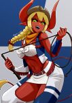  1girl absurdres black_sclera blonde_hair braid breasts cat_o&#039;_nine_tails chaps colored_sclera colored_skin cowboy_hat cowgirl_(western) demon_girl demon_horns demon_tail fringe_trim hat highres holding holding_whip horizontal_pupils horns large_breasts long_hair looking_at_viewer navel original pointy_ears red_skin scarf sharp_teeth solo tail teeth toipokun_oyashi whip yellow_eyes 