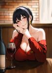  1girl absurdres bare_shoulders black_hair blurry blurry_background bottle breasts cleavage commentary cup dagger_earrings drinking_glass elbows_on_table hair_between_eyes hair_bun hairband head_tilt highres indoors large_breasts looking_at_viewer mymzi off-shoulder_sweater off_shoulder parted_lips red_eyes red_sweater restaurant short_hair smile solo spy_x_family sweater symbol-only_commentary table twitter_username white_hairband wine_bottle wine_glass yor_briar 
