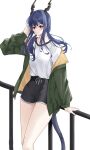  adjusting_hair against_railing alternate_costume arknights arm_behind_back black_shorts blue_hair blush casual ch&#039;en_(arknights) dragon_girl dragon_horns dragon_tail green_jacket hair_between_eyes hand_to_head hand_to_own_face hand_up highres hip_focus horns jacket leaning_back legs_together lily0428 long_hair looking_at_viewer off_shoulder open_clothes open_jacket railing red_eyes shirt short_shorts shorts standing tail thighs wavy_mouth white_shirt 