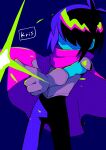  1boy armor black_hair black_pants blue_background blue_skin cape character_name colored_skin commentary deltarune gloves hair_over_eyes highres kris_(deltarune) magic male_focus menma_(enaic31) pants pink_cape shoulder_armor simple_background solo symbol-only_commentary white_gloves 