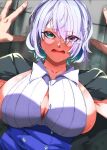  1boy 1girl against_wall amazora_cakel black_jacket blue_eyes blue_skirt blush breasts brid_(nikke) button_gap cleavage collarbone collared_shirt commander_(nikke) commentary_request dutch_angle goddess_of_victory:_nikke green_hair grey_hair hair_between_eyes hair_over_one_eye hand_on_wall high-waist_skirt highres jacket jacket_on_shoulders kabedon large_breasts long_skirt looking_at_viewer mole mole_on_breast multicolored_hair open_mouth pov pov_hands shadow shirt sideboob sidelocks skirt sleeveless solo_focus standing sweat two-tone_hair upper_body wall white_shirt 