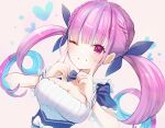  blue_hair braid breasts cleavage cropped_torso dress drill_hair frilled_dress frills grin heart hololive index_finger_raised long_hair looking_at_viewer maid medium_breasts minato_aqua multicolored_hair one_eye_closed pink_hair pointing pointing_at_self purple_eyes short_sleeves simple_background smile streaked_hair toro_astro twin_drills twintails two-tone_hair upper_body virtual_youtuber 