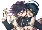  2boys :d ahoge annoyed black_hair blush checkered_clothes checkered_scarf closed_eyes danganronpa_(series) danganronpa_v3:_killing_harmony grey_jacket hair_between_eyes highres imminent_kiss jacket long_sleeves looking_at_another medium_hair multicolored_hair multiple_boys oma_kokichi orange_eyes purple_hair saihara_shuichi scarf short_hair smile striped striped_jacket sweatdrop teeth tongue two-tone_hair upper_body upper_teeth_only xia_nu_xiao_fang yaoi 