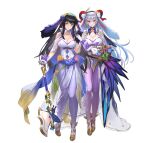  2girls animal_ears axe bangs basket battle_axe black_hair breasts cleavage clothing_cutout cuboon curled_horns fake_animal_ears fire_emblem fire_emblem:_the_blazing_blade fire_emblem_heroes flower freyja_(fire_emblem) freyja_(spring)_(fire_emblem) full_body gloves gold_trim gradient_clothes grey_eyes hair_ornament hand_up highres holding holding_weapon horns karla_(fire_emblem) karla_(spring)_(fire_emblem) large_breasts leotard long_hair looking_at_viewer medium_breasts multiple_girls official_art pantyhose parted_lips polka_dot rabbit_ears red_eyes ribbon see-through serious shoulder_cutout smile standing stuffed_animal stuffed_toy transparent_background turtleneck weapon 