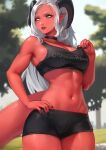  1girl black_choker blurry blurry_background breasts choker cleavage colored_skin cowboy_shot curled_horns demon_girl dungeons_and_dragons grey_eyes grey_hair hand_on_hip highres holy_meh horns indie_virtual_youtuber large_breasts long_hair melissa_belladonna muscular muscular_female navel pointy_ears red_skin short_shorts shorts solo sports_bra tail tiefling 