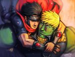  2boys alien arms_around_neck ass bara black_hair blonde_hair carrying colored_skin couple cris_art forehead_protector from_above green_skin hulkling interspecies looking_at_another male_focus marvel multiple_boys muscular muscular_male pectorals piggyback short_hair sideburns thick_eyebrows toned toned_male upper_body wiccan yaoi 