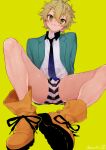  1boy absurdres ashikaga_hyouta bishounen bishounen_series full_body highres looking_at_viewer male_focus necktie rifuru school_uniform shirt shoes short_hair shorts simple_background smile solo thighs white_shirt yellow_eyes 