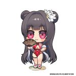  1girl :3 blush_stickers breasts cleavage closed_mouth commentary copyright dot_nose double_bun flower goddess_of_victory:_nikke grey_hair hair_bun hair_flower hair_ornament hand_fan highleg highleg_swimsuit highres holding holding_fan large_breasts long_hair looking_at_viewer multi-strapped_swimsuit o-ring o-ring_swimsuit official_art one-piece_swimsuit pink_eyes red_one-piece_swimsuit shawl smile solo star_(symbol) star_in_eye swimsuit symbol_in_eye thigh_strap thighs totatokeke very_long_hair white_flower white_footwear yan_(nikke) yan_(sunrise_market)_(nikke) 
