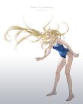  1girl bare_arms bare_legs bare_shoulders barefoot blonde_hair blue_eyes colored_eyelashes commentary copyright_name english_commentary english_text full_body highres kofune_ushio long_hair school_swimsuit sleeveless solo standing summertime_render swimsuit tidsean very_long_hair 