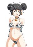  1girl animal_print arms_behind_back automatic_giraffe bell bikini black_choker black_eyes borrowed_character breasts breasts_apart choker cow_print cowboy_shot double_bun elbow_gloves gloves hair_bun highres looking_at_viewer lucia_(scott_malin) medium_breasts navel neck_bell open_mouth original print_bikini print_gloves shadow simple_background solo swimsuit white_background 