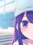  1girl ama_(ama_ekaku) baseball_cap blue_headwear blurry blurry_background blush closed_mouth commentary_request day expressionless hair_down hat highres hoshino_ai_(oshi_no_ko) long_hair looking_at_viewer multicolored_hair oshi_no_ko outdoors partial_commentary pink_hair portrait purple_eyes purple_hair solo split_crop star-shaped_pupils star_(symbol) streaked_hair symbol-shaped_pupils twitter_username watermark 