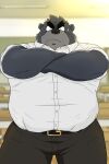  2023 anthro bear belly big_belly black_body black_nose bottomwear clothing hi_res kemono male mammal overweight overweight_male pants scar shibatanukiti shirt solo topwear 