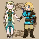  1boy 1girl :3 armor blonde_hair blue_eyes blush boots closed_eyes dress holding_hands leather_armor link looking_at_another magatama open_mouth pants princess_zelda sandals shimatakehito sword sword_on_back tabard the_legend_of_zelda the_legend_of_zelda:_tears_of_the_kingdom weapon weapon_on_back 