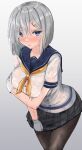  1girl arm_under_breasts blue_eyes blush breasts gin&#039;ichi_(akacia) gloves grey_hair hair_ornament hair_over_one_eye hairclip hamakaze_(kancolle) kantai_collection large_breasts looking_at_viewer neckerchief pantyhose pleated_skirt school_uniform serafuku short_hair short_sleeves simple_background skirt skirt_hold solo wet wet_clothes white_gloves 