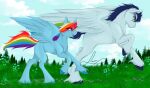  blue_body blue_feathers blue_fur blue_hair blue_hooves blue_tail digital_media_(artwork) duo equid equine feathered_wings feathers female feral friendship_is_magic fur grass green_eyes hair hasbro hi_res hooves larger_male leg_tuft male mammal multicolored_hair multicolored_tail my_little_pony outside pegasus pink_eyes plant rainbow_dash_(mlp) rainbow_hair rainbow_tail running shadowdash44 signature size_difference smaller_female smile soarin_(mlp) tail tree tuft wings wonderbolts_(mlp) 
