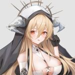 1girl 7fan azur_lane bare_shoulders between_breasts black_gloves blonde_hair breast_cutout breasts fake_horns gloves grey_background hair_between_eyes half_gloves highres horns implacable_(azur_lane) large_breasts long_hair looking_at_viewer nun red_eyes simple_background solo upper_body veil white_horns 