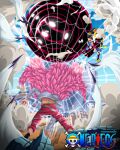 2boys black_hair blonde_hair donquixote_doflamingo feather_coat fighting fighting_stance full_body gear_fourth highres jm_productions male_focus monkey_d._luffy multiple_boys one_piece short_hair 