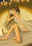  1girl barefoot brown_hair covering_one_eye dress expressionless flower from_below full_body green_eyes highres holding holding_flower idolmaster idolmaster_cinderella_girls long_hair looking_at_viewer nonomura_sora sakuraop sitting solo toes two_side_up white_dress yellow_theme 