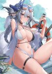  1girl absurdres animal_ears arm_behind_back arm_support azur_lane bikini black_choker blush braid braided_ponytail breasts choker cleavage eyewear_on_head fox_ears fox_girl fox_mask fox_tail hair_between_eyes hand_up highleg highleg_bikini highres holding holding_sword holding_weapon innertube katana kitsune knee_up large_breasts leg_up long_hair looking_at_viewer mask mask_on_head multiple_tails navel nervous parted_lips pink_eyes shian-chu sitting solo staring stomach sunglasses swimsuit sword tail thighs tosa_(azur_lane) tosa_(hometown_zest)_(azur_lane) very_long_hair weapon wet white_hair wide_sleeves 