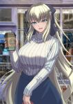  1girl alternate_breast_size black_ribbon blonde_hair blue_eyes blue_skirt blurry blurry_background blush breasts coffee coffee_cup cup disposable_cup fate/grand_order fate_(series) highres holding holding_cup ksfactory large_breasts long_hair long_sleeves morgan_le_fay_(fate) open_mouth ribbon shirt skirt smile solo striped striped_shirt vertical-striped_shirt vertical_stripes 