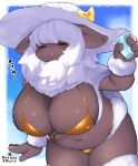  anthro belly beverage big_breasts big_ears black_body black_skin border bovid breasts caprine clothed clothing day dialogue eyes_closed female fur gold_bikini hair hat headgear headwear hi_res holding_beverage holding_object huge_breasts japanese_text kemono leaning leaning_forward mammal neck_tuft open_mouth open_smile sarier413 sheep sky slightly_chubby smile solo sun_hat text translation_request tuft white_body white_border white_fur white_hair white_wool wool_(fur) 