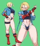 1girl abs blonde_hair blue_eyes boots cammy_white crop_top cropped_jacket gauntlets gloves green_background hands_on_own_hips highres scar scar_on_face street_fighter street_fighter_6 toned vulcan_(ejel2000) 