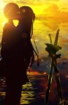  1boy 1girl absurdres asuna_(sao) cloud hetero highres horizon kirito kiss ocean planted planted_sword scenery signature skyrick9413 sunset sword sword_art_online water weapon 