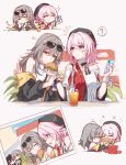  2girls ? anger_vein beret black_bow black_dress black_headwear blue_eyes bow burger caelus_(honkai:_star_rail) cellphone chinese_commentary commentary_request cup dan_heng_(honkai:_star_rail) detached_collar disposable_cup dress drink drinking_straw earrings eating eyewear_on_head food food_on_face grey_hair hair_ornament hairpin hat head_bump highres holding holding_food holding_phone honkai:_star_rail honkai_(series) jacket jewelry march_7th_(honkai:_star_rail) march_7th_(kfc)_(honkai:_star_rail) medium_hair multicolored_clothes multicolored_jacket multiple_girls notice_lines off-shoulder_jacket off_shoulder official_alternate_costume partial_commentary phone pink_eyes pink_hair red_jacket shirt short_sleeves single_earring sleeveless sleeveless_shirt smartphone stelle_(honkai:_star_rail) stelle_(world_tour_2023)_(honkai:_star_rail) trailblazer_(honkai:_star_rail) two-sided_fabric two-tone_eyes white_bow white_jacket white_shirt wrist_bow yajuu yellow_eyes 