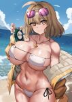  anis_(nikke) anis_(sparkling_summer)_(nikke) beach bikini blue_sky breasts can cloud eyepatch_bikini eyewear_on_head goddess_of_victory:_nikke highres holding holding_can jacket jacket_partially_removed large_breasts nestleo ocean sky swimsuit white_bikini 