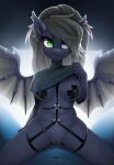  ambiguous_gender anthro bat_pony bat_wings bottomless breasts buvanybu clothed clothing clothing_lift duo dusky_rose_(chaosreverent) equid equine fan_character female female/ambiguous genitals harness hasbro heterochromia hi_res looking_at_viewer mammal membrane_(anatomy) membranous_wings mostly_nude my_little_pony nipple_tape pasties pussy shirt shirt_lift spread_legs spread_wings spreading tape topwear wings 