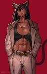  1girl abs absurdres animal_ears black_hair breasts cat_ears cat_girl cat_tail cleavage dark_skin ezzyecchi fang formal highres jacket jewelry large_breasts long_hair muscular muscular_female necklace open_clothes open_jacket original red_background red_eyes solo suit tail toned 