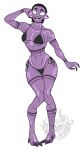  alien alien_humanoid bikini breasts claws clothed clothing female hair hi_res humanoid knock-kneed markings mass_effect navel not_furry open_mouth purple_body purple_skin quarian smile solo swimwear tali&#039;zorah zombie_makyr 